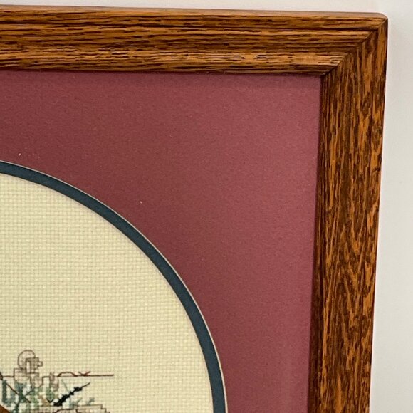 Framed Vintage Cross Stitch Art With Floral Picnic Scene In Wood Frame - Picture 4 of 7